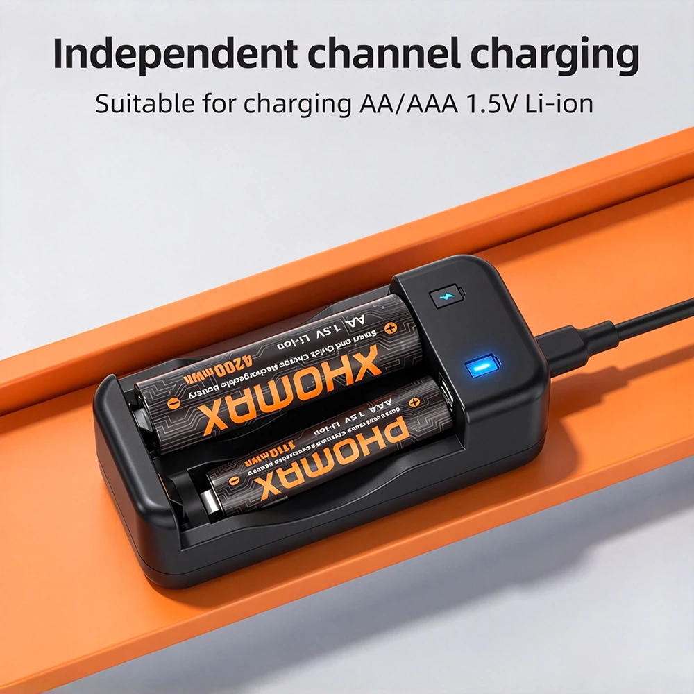 PHOMAX – akumulator AA/AAA z ładowarką. Baterie litowe 1,5 V, AA 4200 mWh, AAA 1110 mAh, do zasilania pilotów, zegarów, czujników i zabawek. — zdjęcie produktu 4