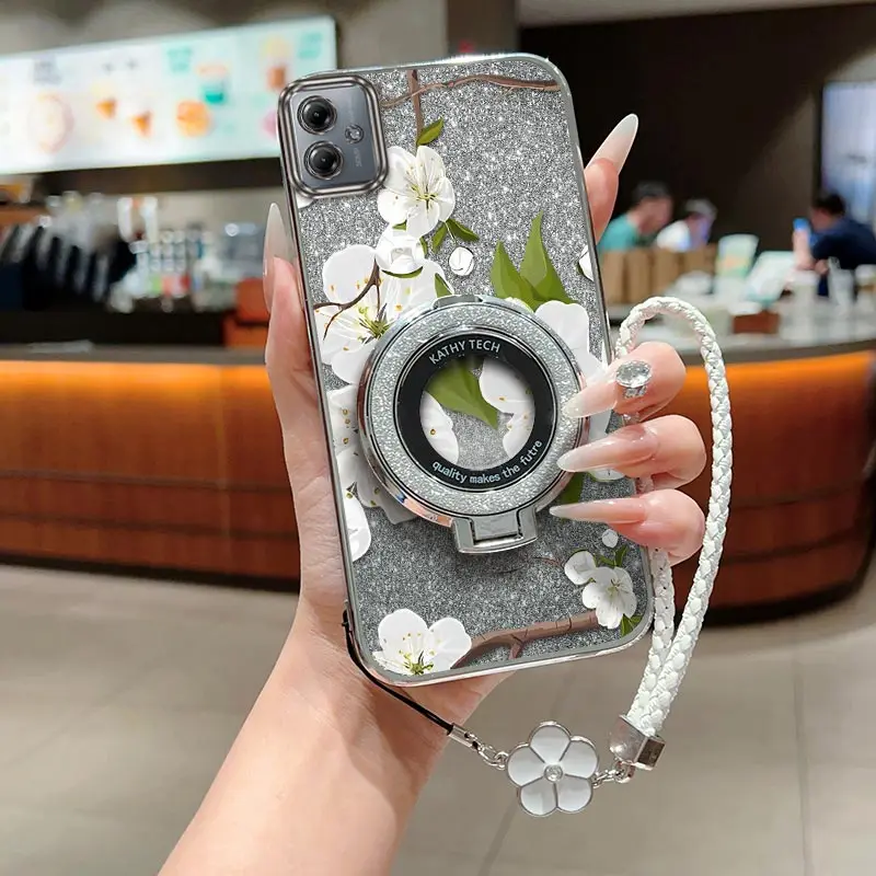 G 54 fiori bianchi placcatura braccialetto supporto cassa del telefono per Motorola G54 G85 G84 G72 G40F G71S G62 G73 G60S G64 G60 G53 G50 copertura