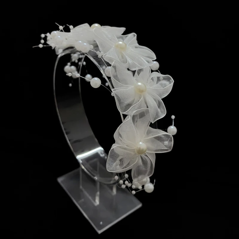 Elegant White Satin Lace Flower Bridal Headband for Women Bridesmaid Vintage Floral Wedding Ceremony Photoshoot Hair Accessories view 3