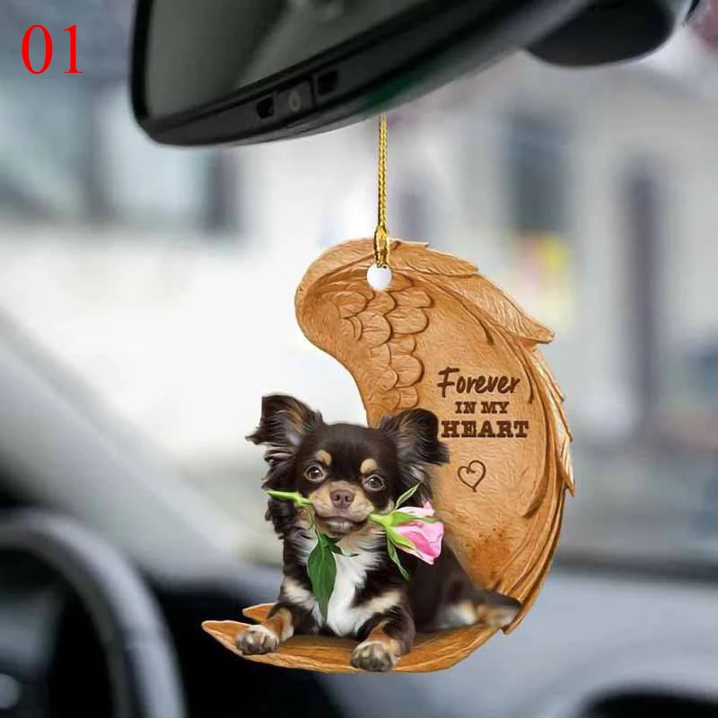 1PC Cute 2D Angel Dog Wing Dog Hanging Ornament Cartoon Pendant Car Bag Keychain Pendant Car Rear View Mirror Accessories