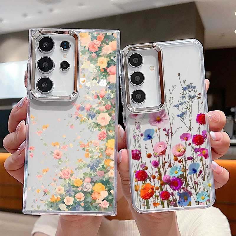 Funda de flores con lente chapada para Samsung Galaxy S24 S23 Ultra Capa S22 S21 Ultra S20 FE A52 A53 A16 A14 A34 A15 A25 A35 A55 A54 5G