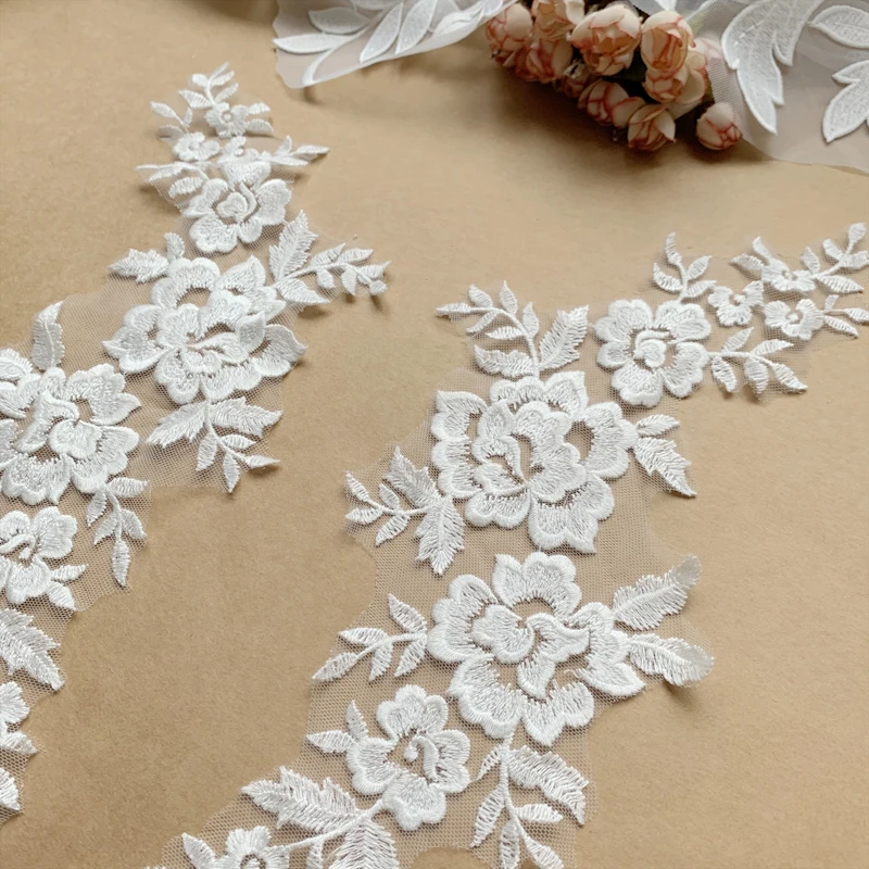 Schwarze Matte Stickerei-Spitze, Handgemachte Blume, DIY Hochzeits-Applikationsmaterial, Spiegelblume – Detail 8
