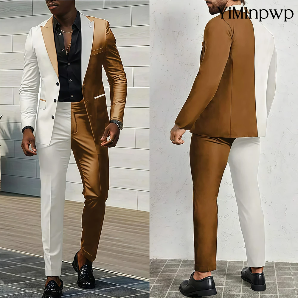 

White And Brown Men's Suit Peaked Lapel Groomsman Wedding Party Prom Formal Occasion Male Tuxedos 2 Piece Set Male XS-5XL