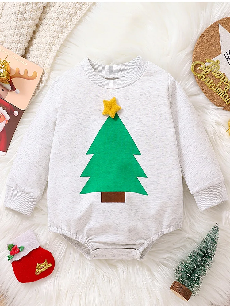 Christmas Tree Patterned Long Sleeve round Neck Baby Boy Romper Christmas Theme Triangular Design Infant Clothing