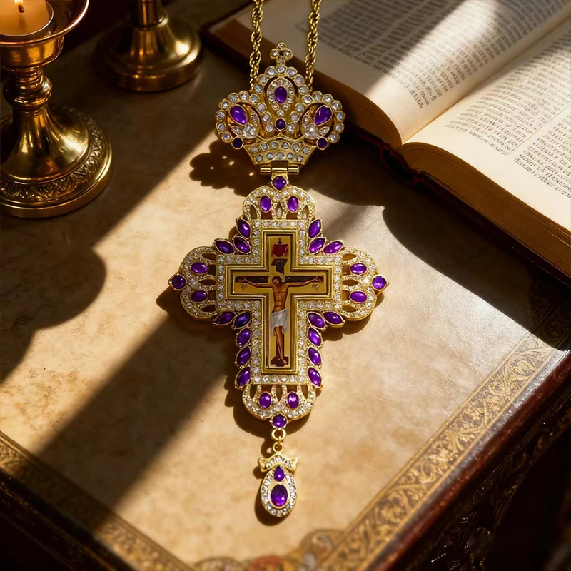 Luxuriöse Orthodoxe Brustkreuz-Halskette, Rote Kristallakzente mit Kruzifix-Ikone, Hochwertiger Liturgischer Schmuck für Kirchliche Sakramente – Detail 7