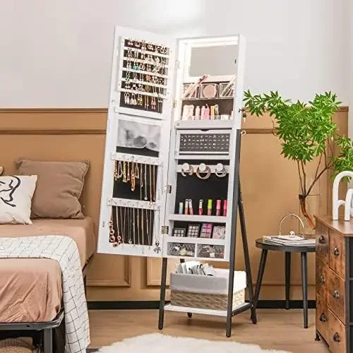 Standing Jewelry Armoire with Full Length Mirror, Lockable Jewelry Cabinet Organizer with Lights, 3 Lighting Modes
