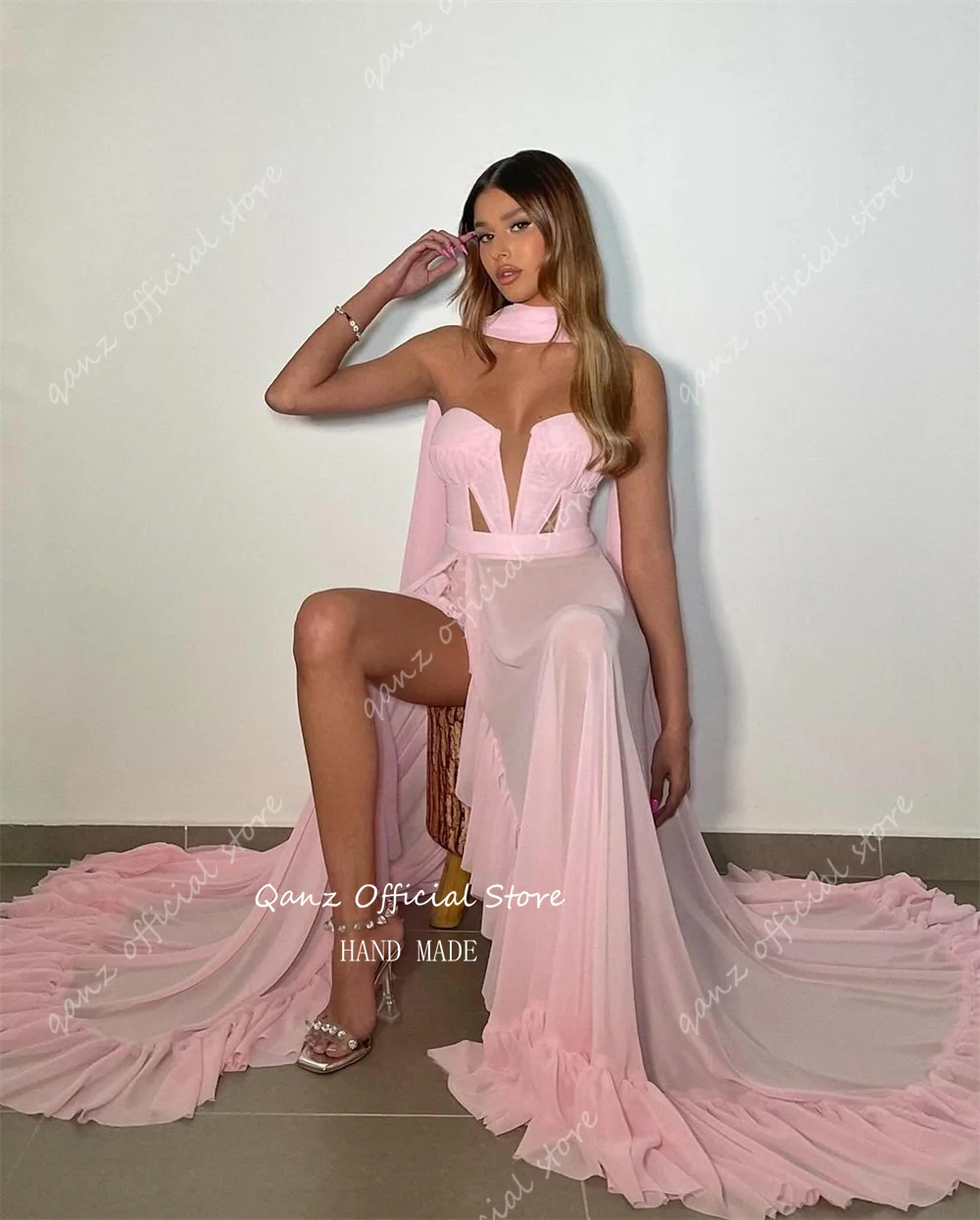 Qanz Sexy Pink Prom Dress Sweetheart Chiffon High Slit Ruffles Party Dresses Lace Up Back Vestidos Para Eventos Customized