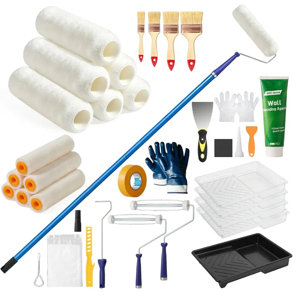 

Complete 37 Piece Roller Brush Extension Pole Set with 9 and 4 Inch Covers and Wall Repair Paste