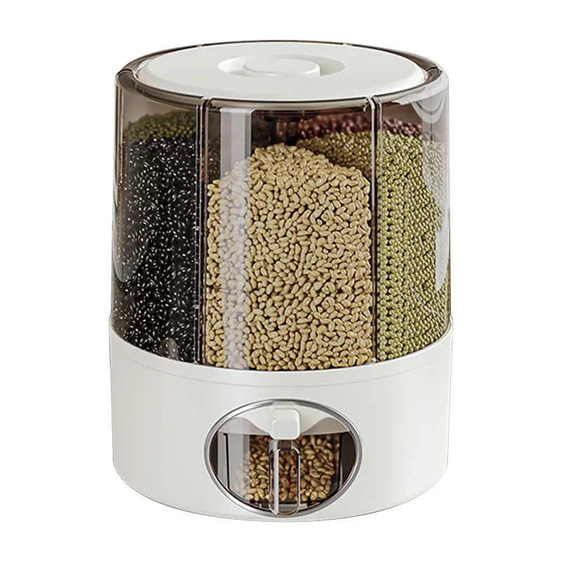 Home and Kitchen Clear Organization Plastic 6-Grid Dry Food Storage Containers 360° Rotating Rice Barrel Cereal Grain