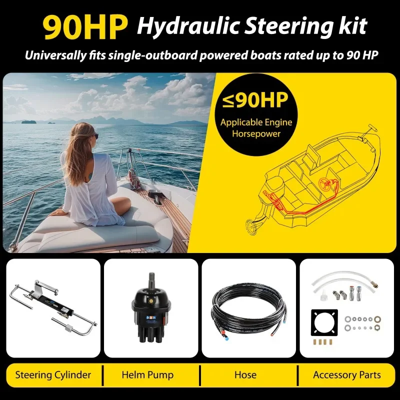 BBH 90HP Boat Hydraulic Outboard Steering System Kit with Steering Wheel,Hydraulic Cylinder, Helm Pump and Tubing