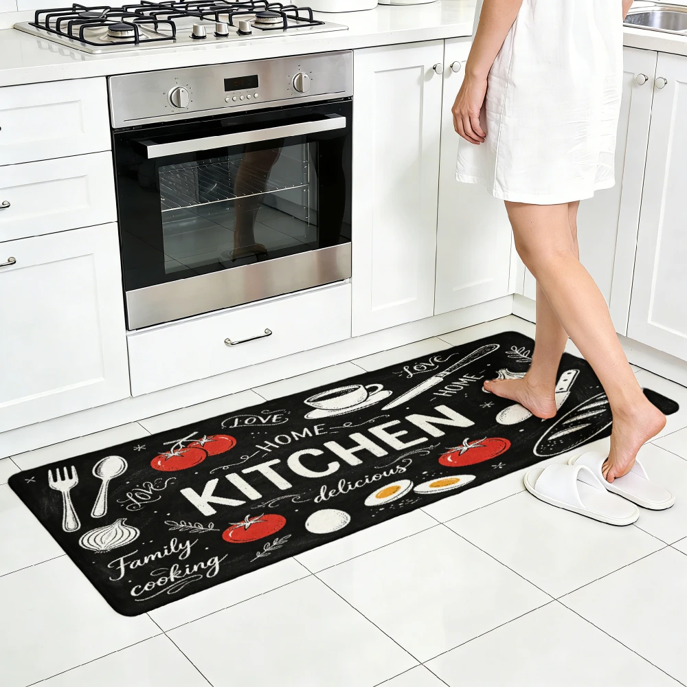 Black Chalkboard Kitchen Utensil Tomato Egg Sketch Runner Rug, non-slip carpet, family cooking mat for kitchen aisle entryway