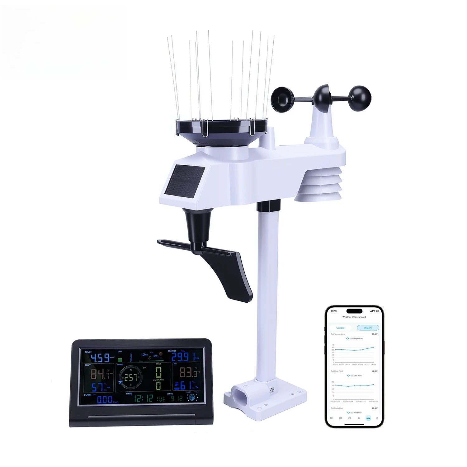 WiFi Weather Station 7-in-1 Wireless Weather Monitor with Anemometer Rain Gauge Temperature Humidity and Light Sensor