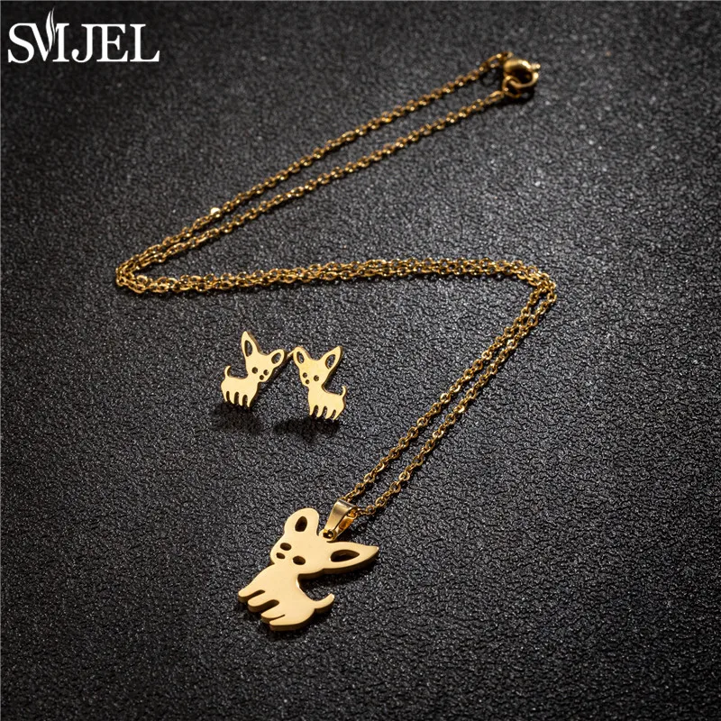 Cartoon Chihuahua Dog Jewelry Sets Fashion Stainless Steel Dog Paw Stud Earrings for Women Girls Birthday Gift Collier Femme