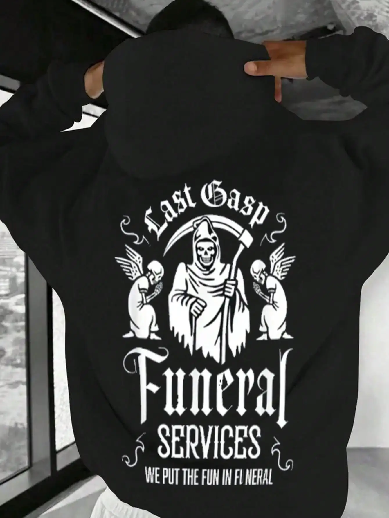 Men's Casual Hooded Sweatshirt &Lt; The Last Breath &Gt; With A Funeral-Themed Fun Design, Long Sleeves, Loose Fit, Suitable For Both Humorous Holiday Gifts And Everyday Wear