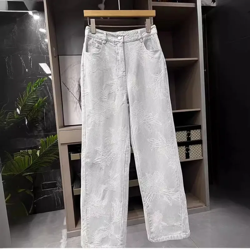 New Summer High-waist Jacquard Light Blue Denim Loose Slim Straight Pants for Women