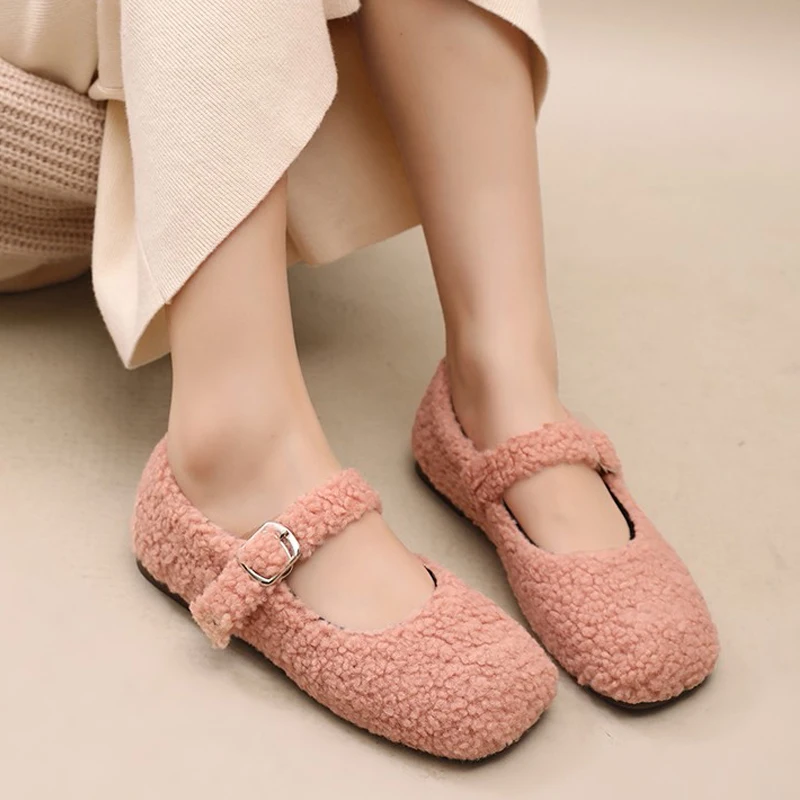 Elegant Square Toe Lambswool Mary Jane Shoes Woman Fashion Teddy Fur Ballet Flats Ladies Winter Warm Plush Loafers in Pink Green