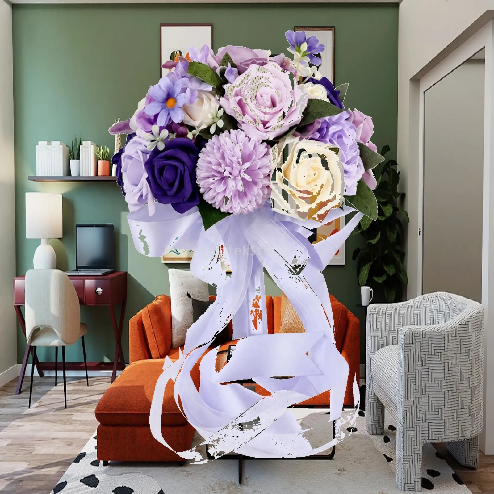 Bridal Bouquet Silk Flower for Wedding Ceremony Lilac Lavender Cream Color Round Design with Trailing Ribbons Reusable Decor
