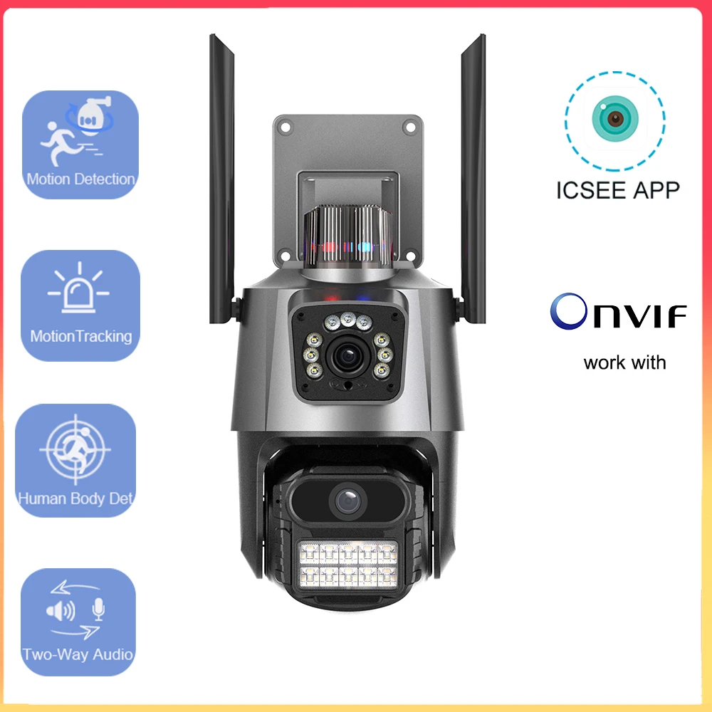 Dual Screen Two Lens IP Camera 6MP IP66 Color Night Vision Two Way Audio WiFi Camera Human AI Detection Auto Motion Track ICSEE