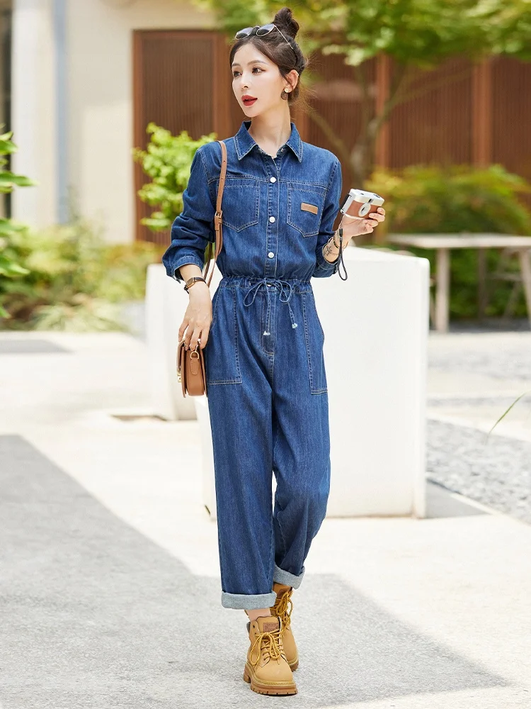 ชุดเอี๊ยมยีนส์ลำลอง La Chapelle แฟชั่นสำหรับผู้หญิง ทรงหลวม สไตล์ชุดทำงาน กางเกงขายาวเอวสูง ผ้าฝ้าย ทรงตรง