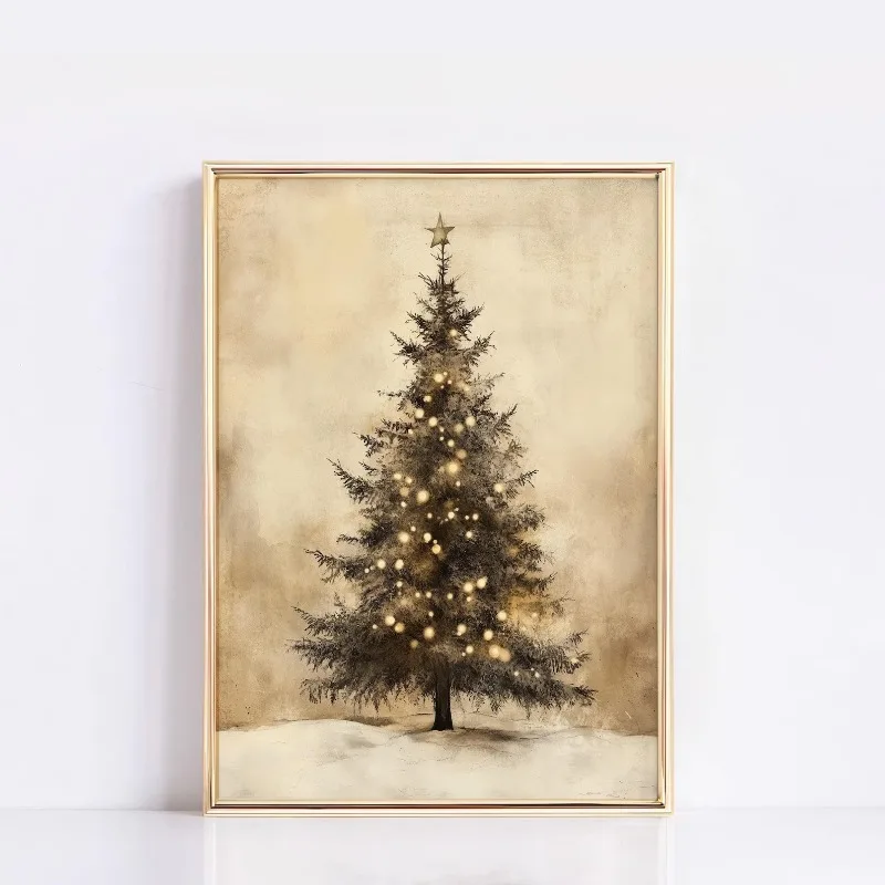 Aged Vintage Christmas Tree Star Lights Pattern Canvas Poster Prints Frameless Wall Art Festive Holiday Cozy Winter Home Decor