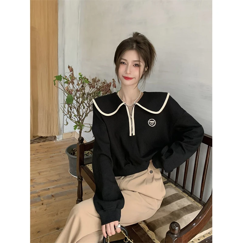 MEXZT-Sudadera corta con cuello Peter Pan para mujer, jerséis de retales, Harajuku, coreano, informal, Tops