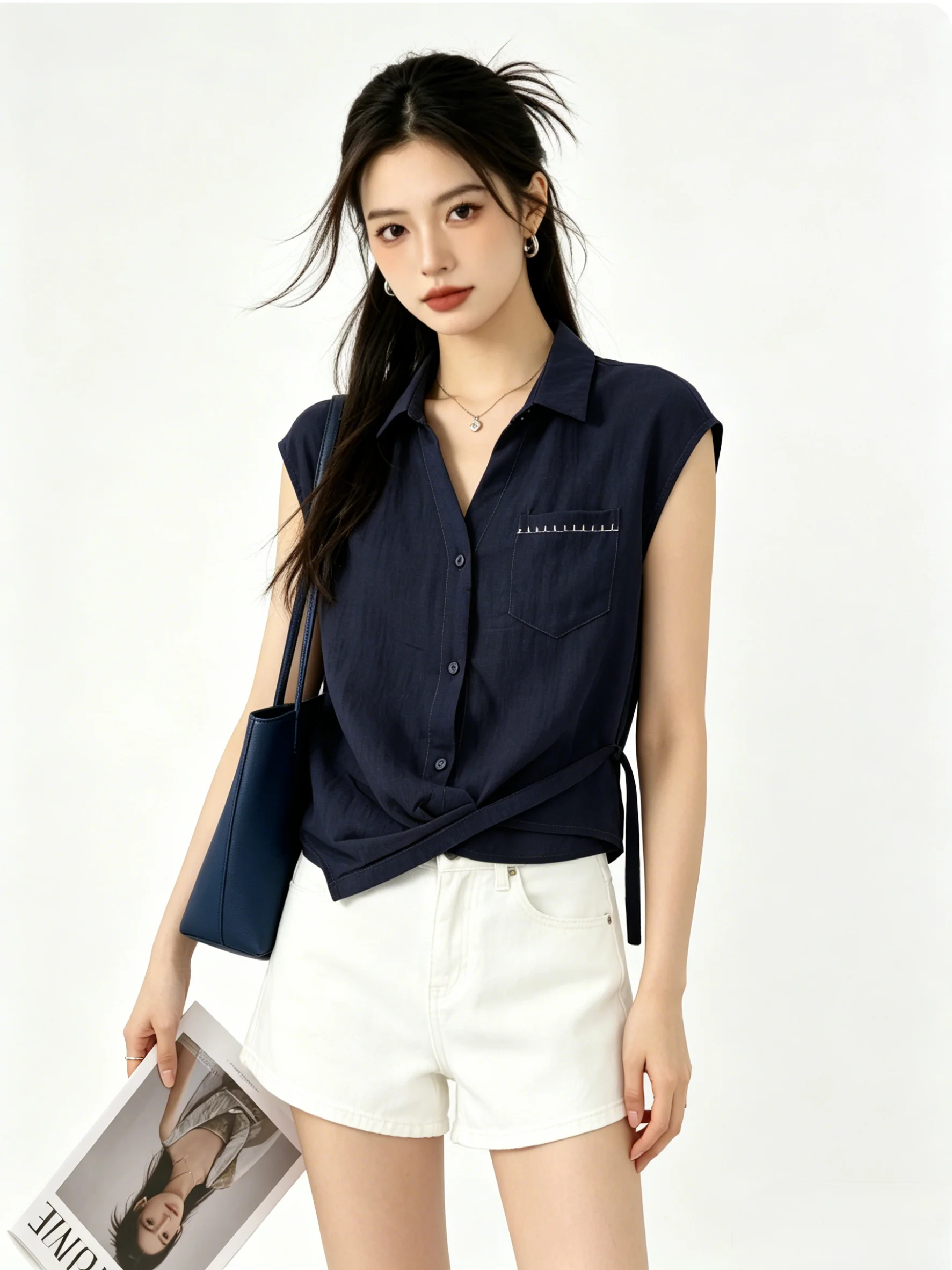 

Retro Korean Style V-Neck Short Sleeve Shirt Skin-Friendly Versatile Dark Blue Business Casual Women's Top Fashion Design