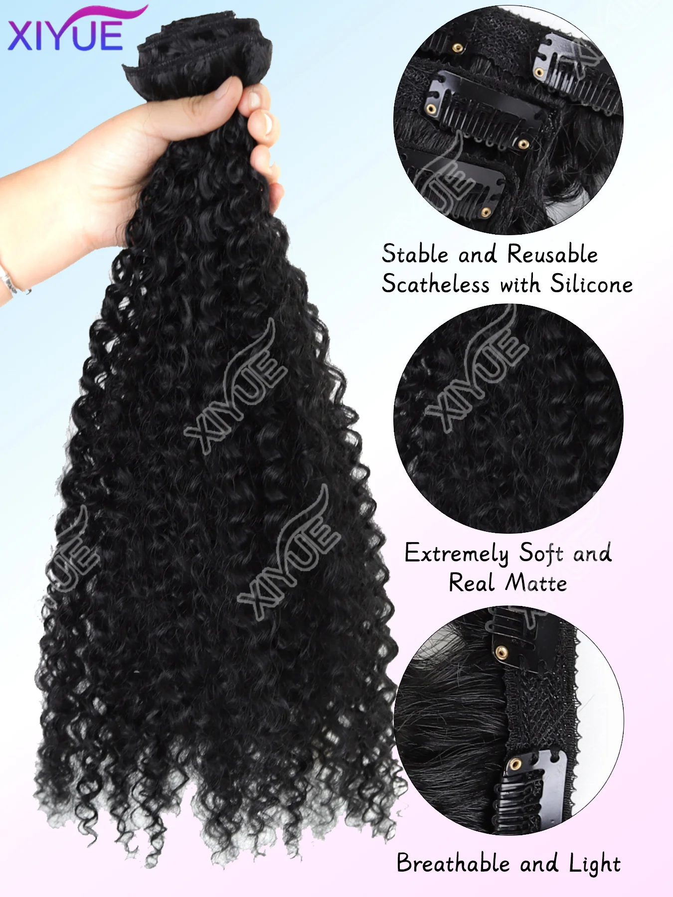 XIYUE 7 قطعة مشبك خياطة يدوية ممتازة في وصلات الشعر 20 بوصة وصلات شعر مجعد طويلة ناعمة قطع الشعر الاصطناعية للنساء