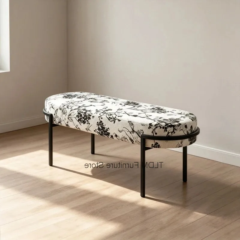 Stool Frame Thin Retro Print Long Pattern Upholstered Metal Entry Padded For Bench Bedroom Footrest Hallway Decor Furniture
