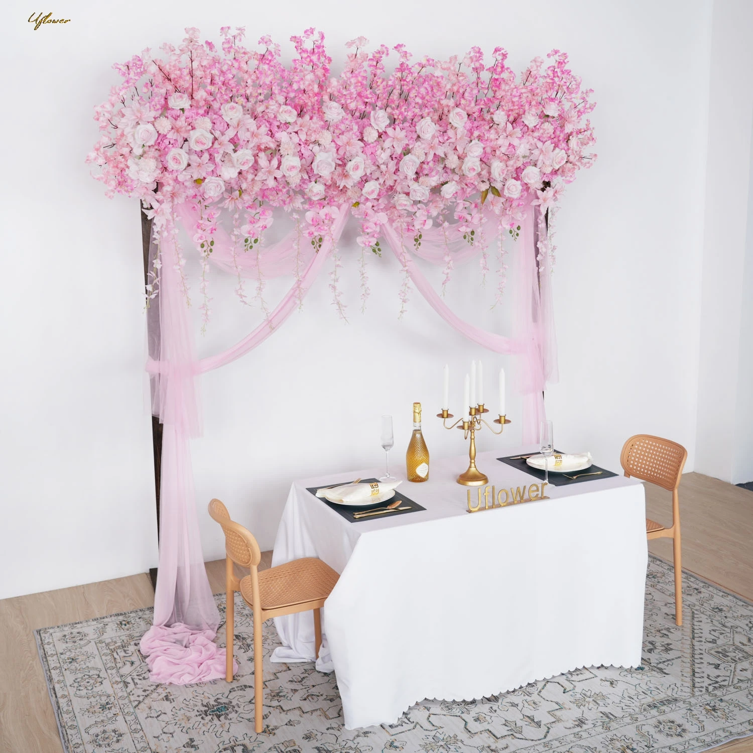 Uflower Pink Purple Cherry 5D Blossom Hang Artificial Flower Arrangement Wedding Backdrop Decor Flower Row Arch Event Party Prop