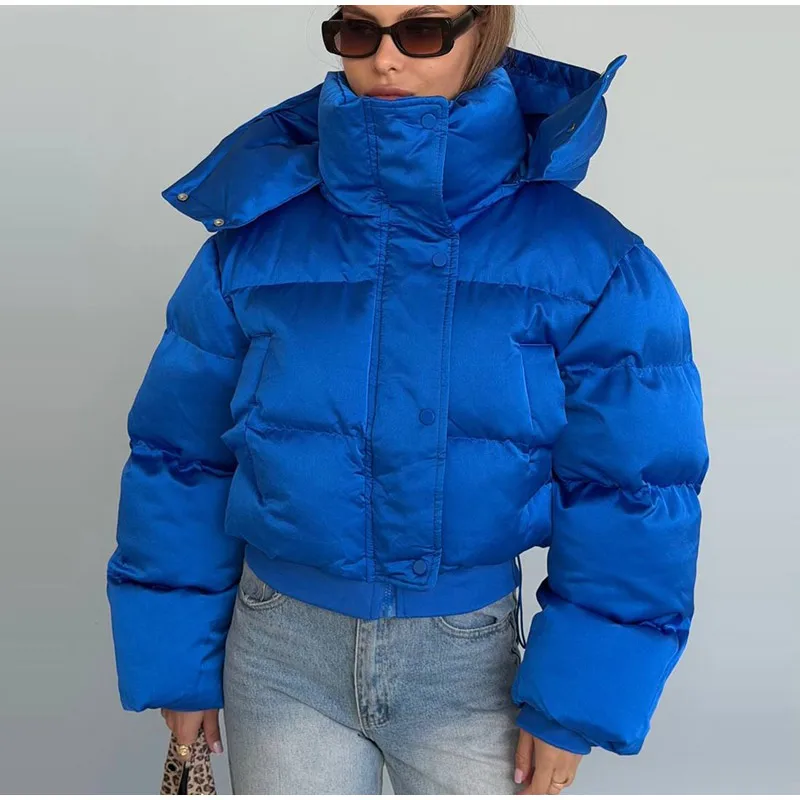 Solid Hooded Cropped Puffer Jacket Women Stand Collar Snap Button Loose Long Sleeve Jackets 2026 Winter Casual Warm Padded Coat