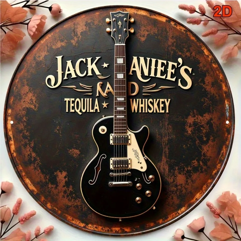 2D plano, 1 pieza Vintage Guitar & Tequila Whisky Decoración de pared de metal - Letrero de barra retro con arte de guitarra eléctrica - Música rústica de campo