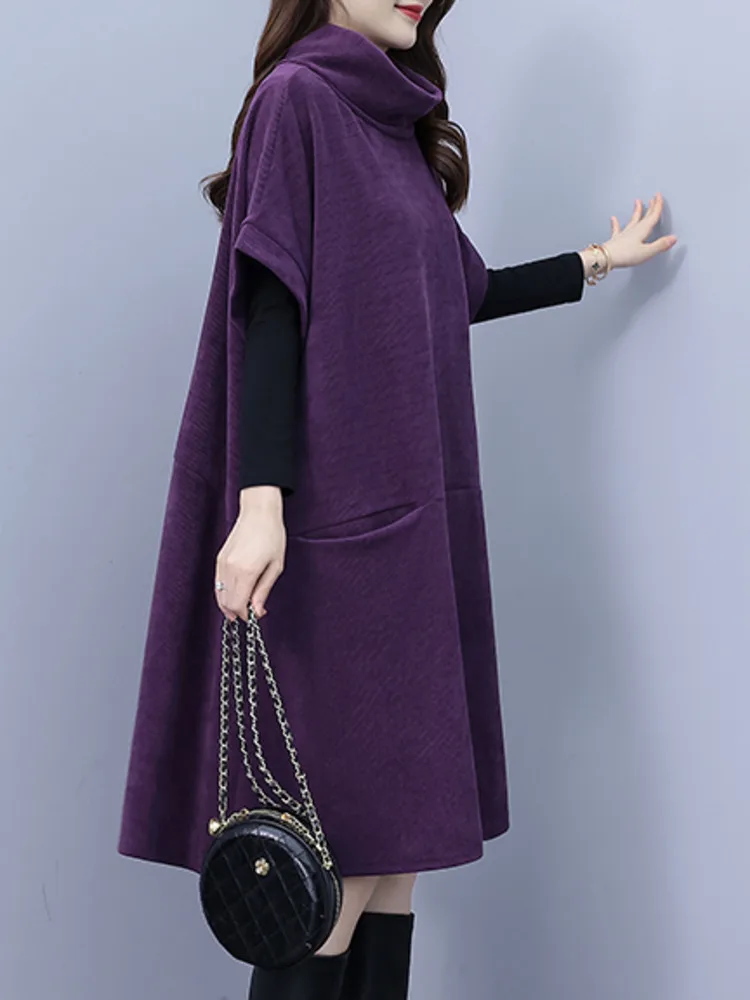 #7969 Autumn Winter Purple Turtleneck A-line Dress Raglan Sleeve Split Joint Pockets Elegant Pockets Korean Fashion Loose