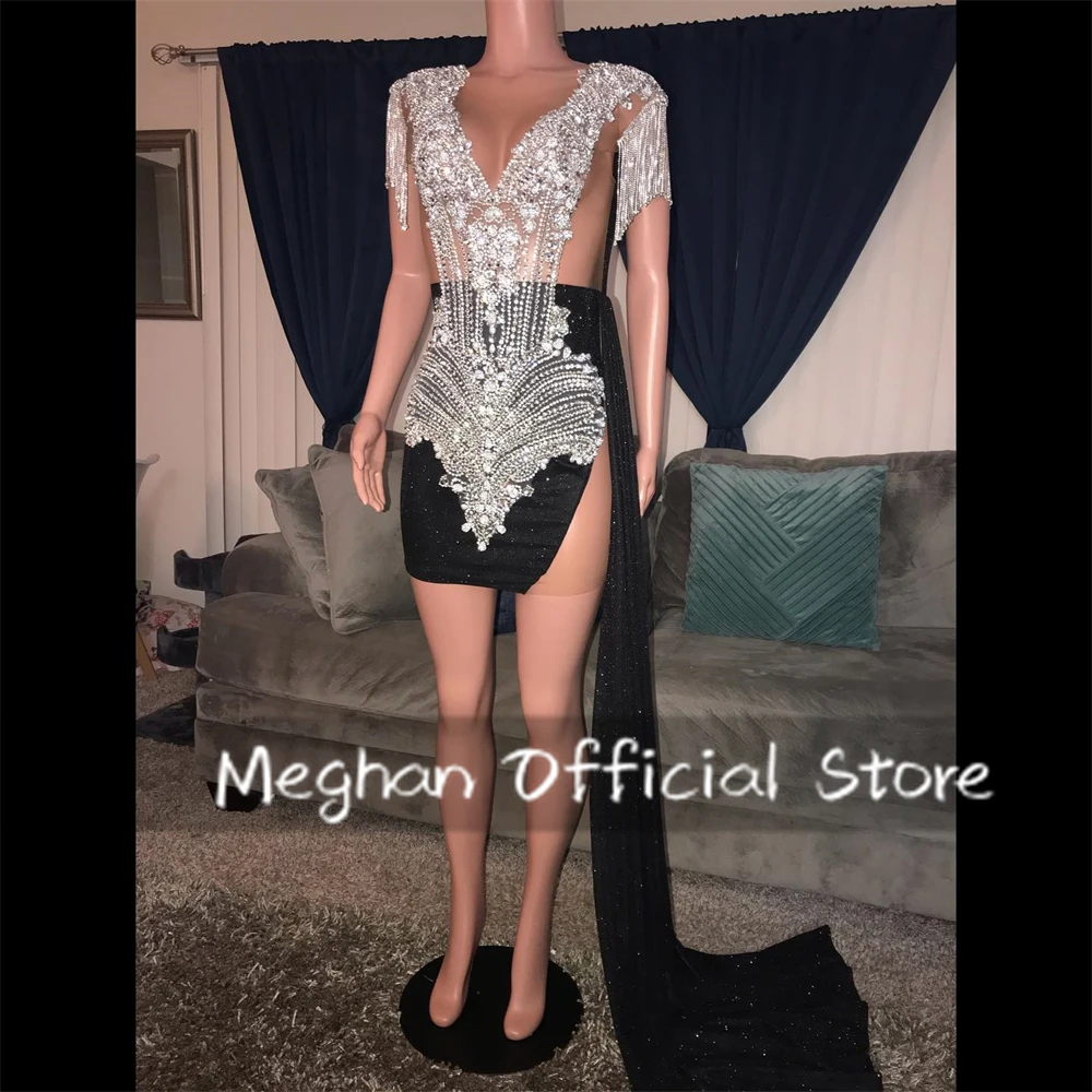 Black O N Bead Crystal Prom Dresses Short Tassel 2024 Birthday Luxury Dress Black Girl Side Train Mini Cocktail Homecoming