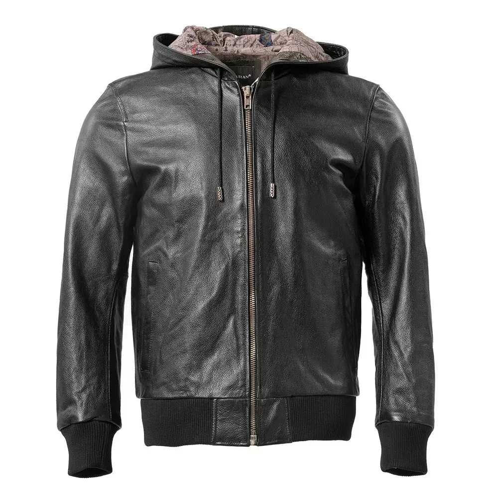 Men Leather Jacket Hooded Soft Natural Cowhide Genuine Coat Hood Man Clothes Spring Autumn Clothing M618