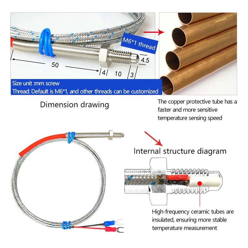 K-type thermocouple M6 screw temperature probe with spring shock-resistant and tensile-resistant thermocouple sensor