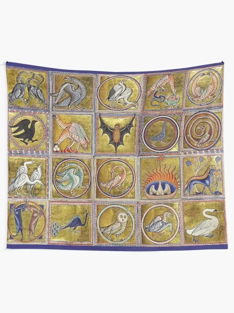 MEDIEVAL BESTIARY, FANTASTIC ANIMALS IN GOLD RED BLUE COLORS Tapestry Aesthetics For Room Wallpaper Tapestry