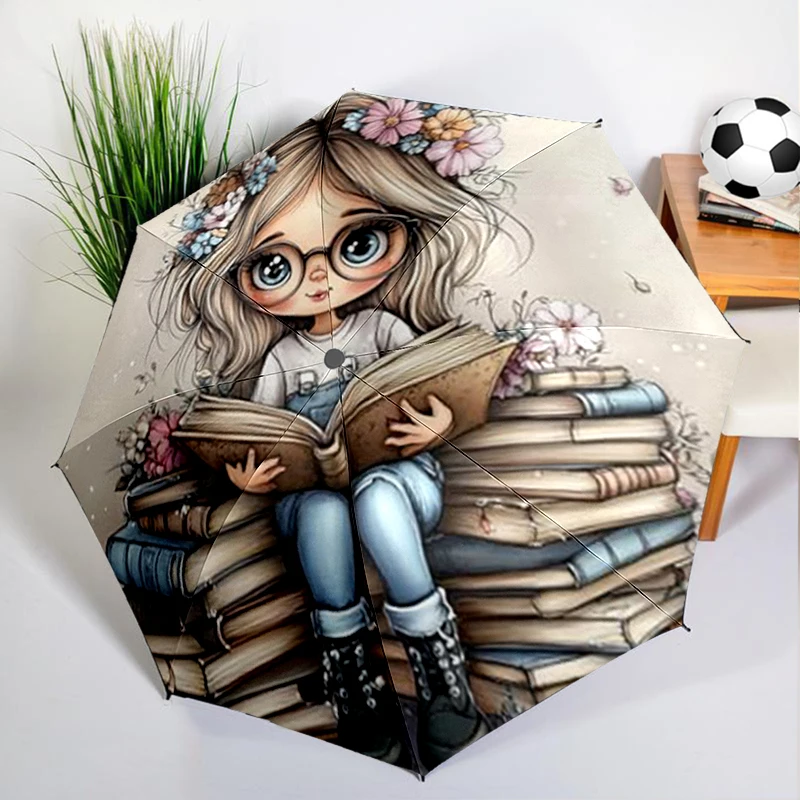 Painting Reading Books Umbrella Automatic Open/close, Sturdy Iron Frame & 8-Rib Struct, Umbrella for Women & Men, Christmas Gift