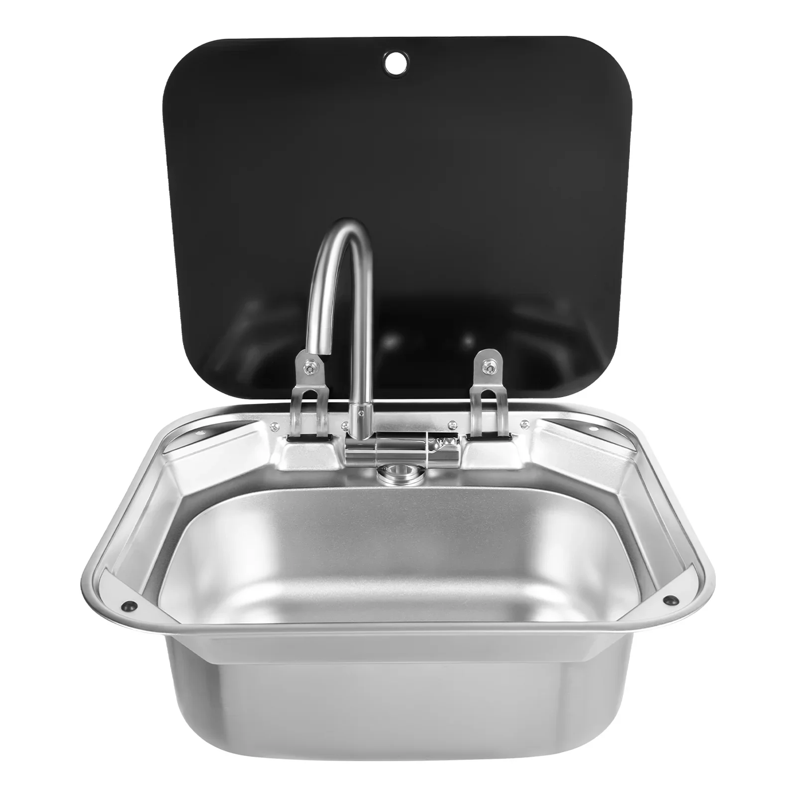 

RV Sink with Faucet Stainless Steel Hand Wash Basin Sink w/Tempered Glass Lid +Silent Pad for Caravan Camper Kitchen Accessories