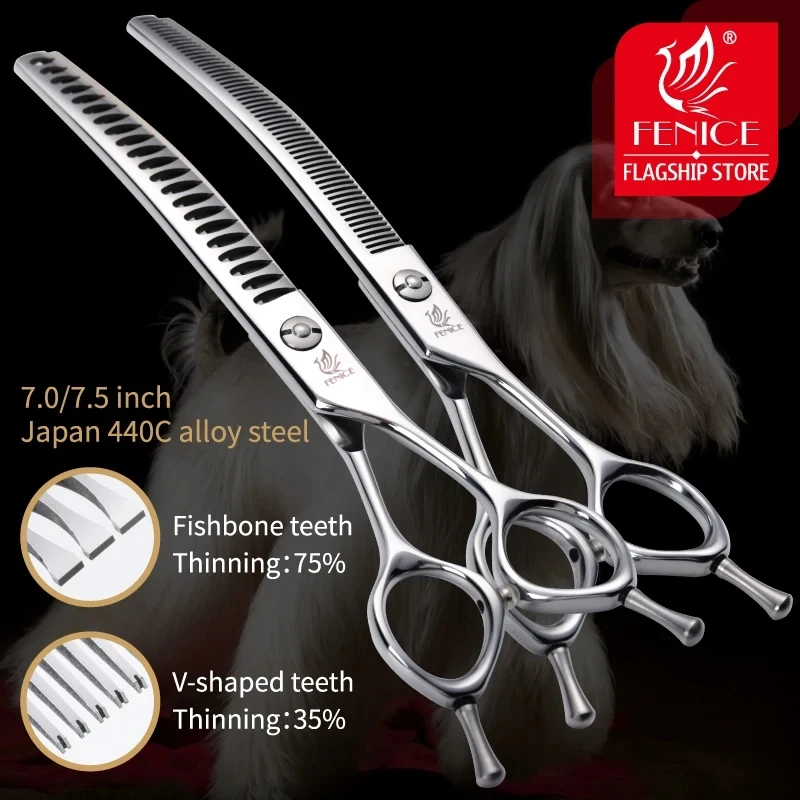 Fenice 7.0/7.5 inch Professional Dog Grooming Shears Curved Thinning Scissors for Dog Face Body Cutiing JP 440C High Quality