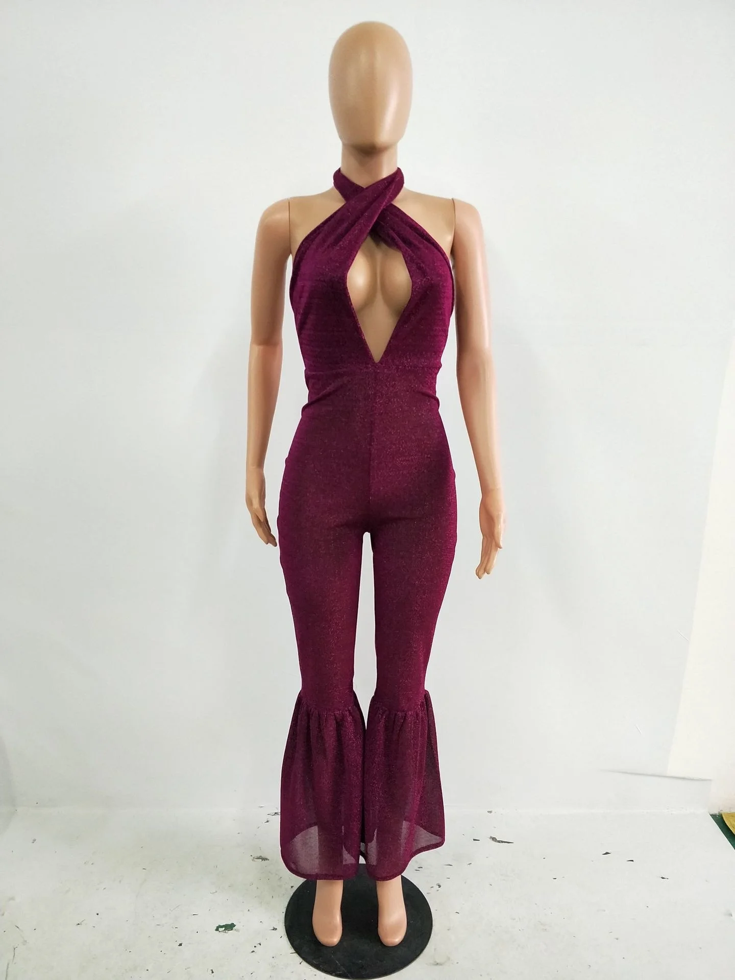 Tuta di cristallo donna 2022 New Flare Pants tuta Sexy Off spalla Halter Neck tute femminili Bodycon Backless pagliaccetti Bod