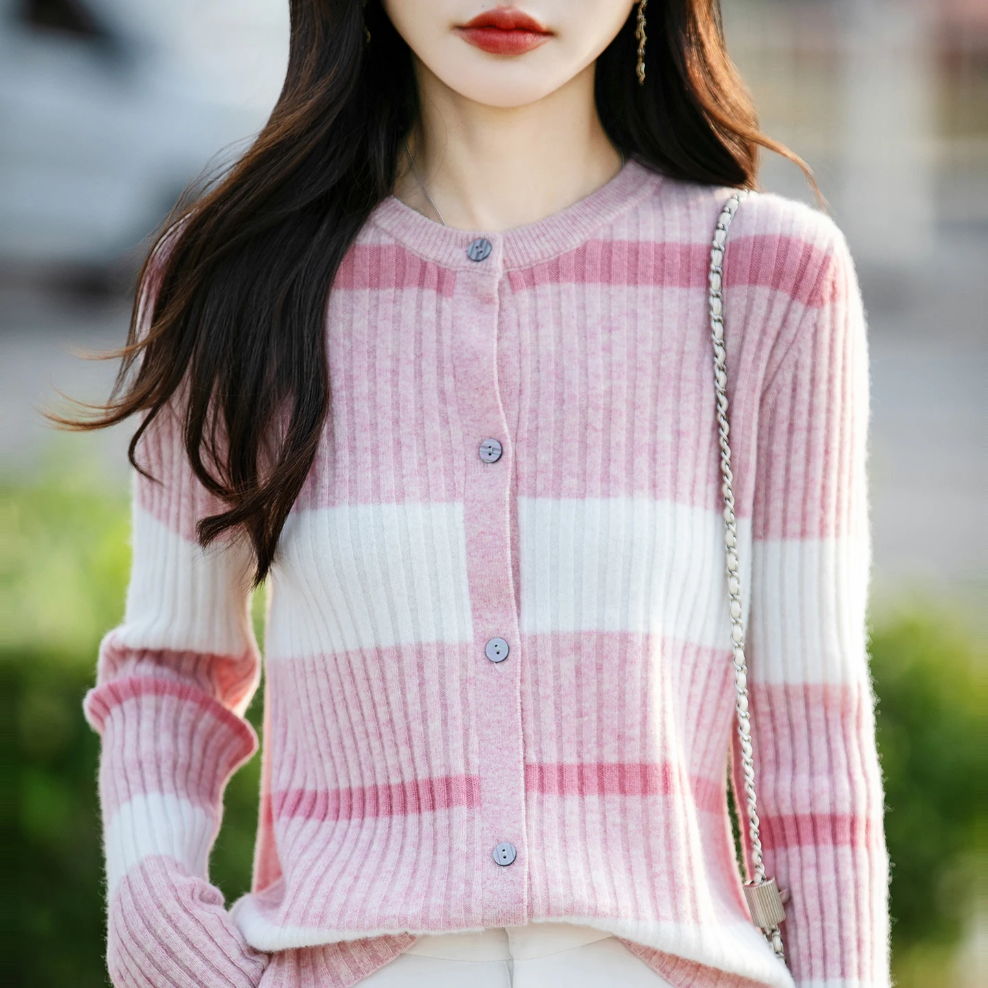 100% pure wool cardigan women's round neck striped color matching knit sweater coat cashmere sweater coat