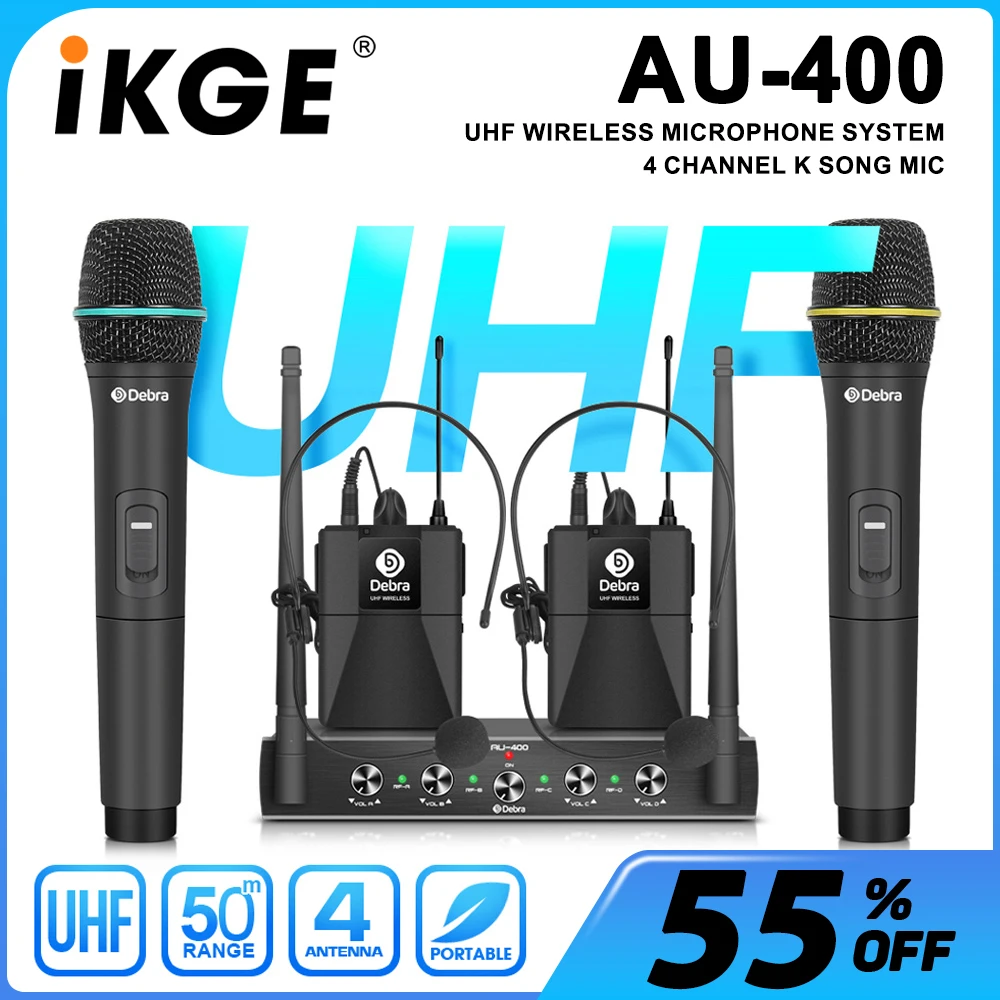 

AU-400 4-channel wireless microphone system with UHF handheld, lavalier and bodypack microphones for conferences, churches