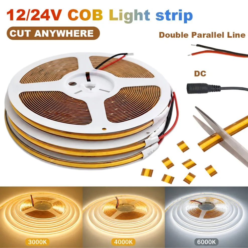 Free Cut Flexible 0.5-10M COB Light Strip DC12V/24V 400/528LEDs/M 3000K/4000K/6000K Linear Lighting for DIY Staircase Home Decor