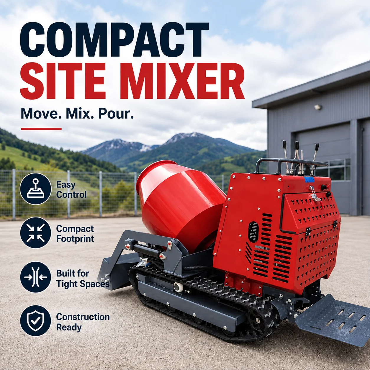 Mini-bétonnière-benne compacte à chargement automatique, petite machine de chantier pour chantier de construction