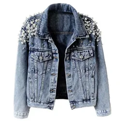 Pearl Denim Coat Women Cotton Spring Autumn Ropa Cardigan Jeans Punk Gothic Bomber Jacket Windbreaker Y2k Women Jackets Korean