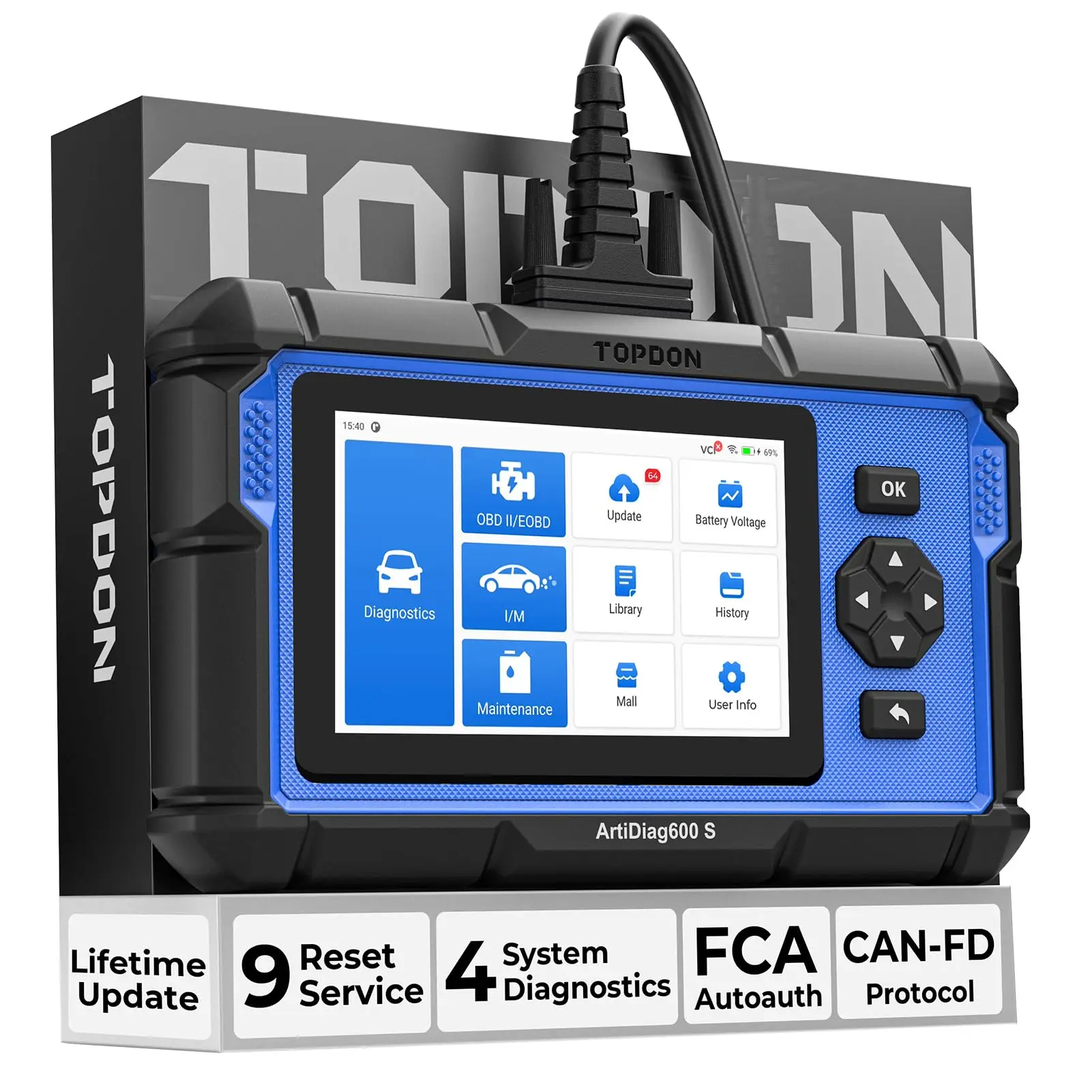 TOPDON ArtiDiag600S OBD2 Diagnostic Scanner for Engine ABS Transmission, 9 Reset Functions, Oil/Brake/BMS/SAS Reset, CAN-FD Protocol