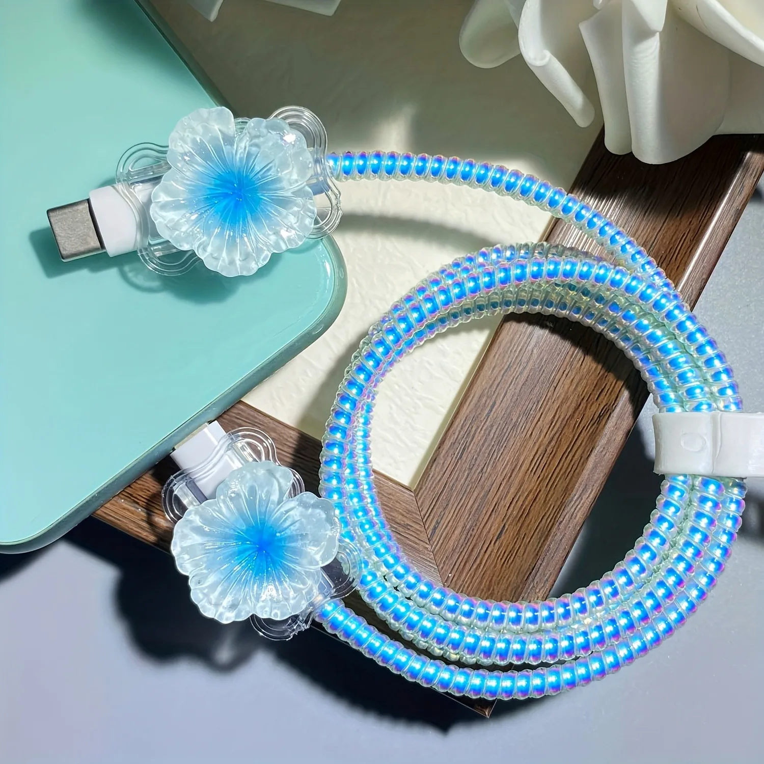 Colored Flower Laser White Line Circle Charger Protector Cover For iPhone For Samsung Type-C Charger Line Protectors Cover view 4