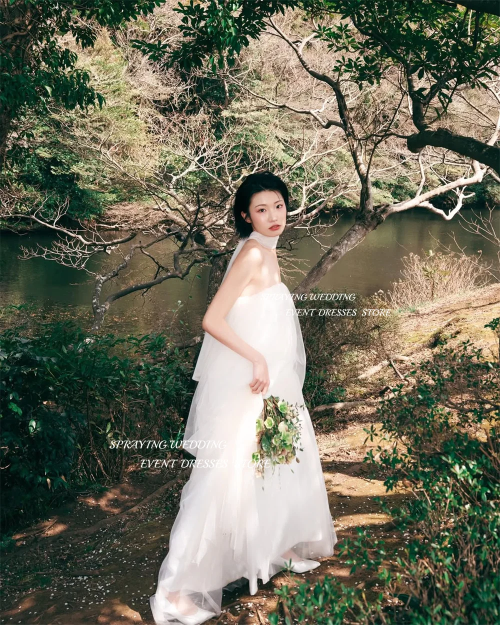 SPRAYING Ivory Tulle Wedding Dress Korea Photo Shoot Strapless Sleeveless Bridal Gowns A line Long Corset Customized 웨딩드레스