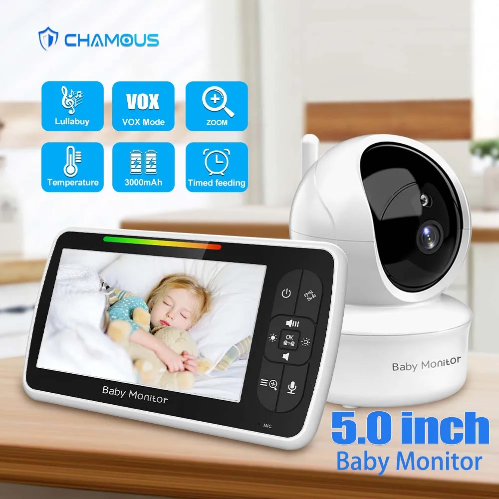 5 Inch Video Baby Monitor With Camera Two-way Audio PTZ Zoom Babyphone Cam Surveillance Cams Temperature Display Sensor Lullaby