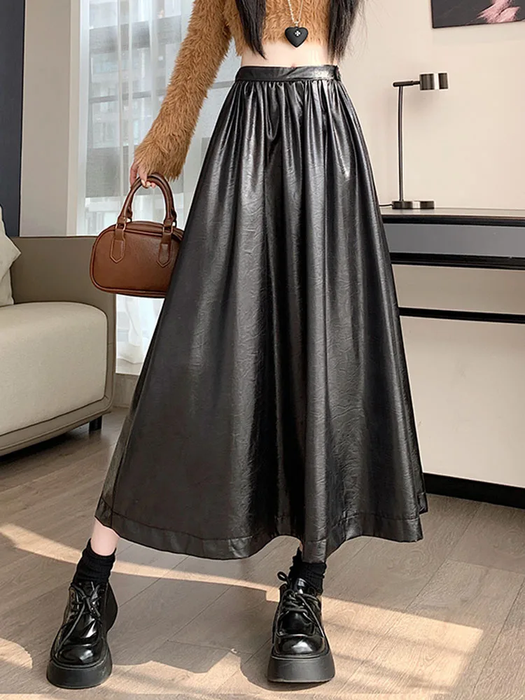 

Юбка А-силуэта из искусственной кожи для женщин, весенняя новинка, с завышенной талией, винтажная, стройнящая, длинная юбка для прогулок
